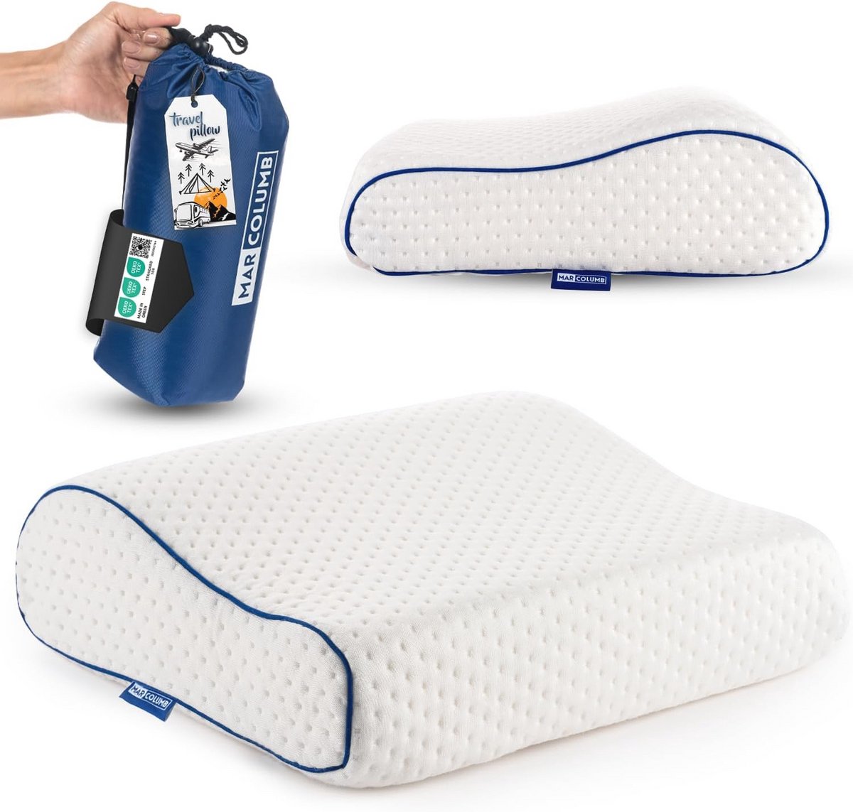Comfortabel traagschuim kussen voor reizen en kamperen - Lichtgewicht, compressie en zelfopblaasbaar - Geschikt voor hoofd en nek - Ventilatiegaten voor extra comfort