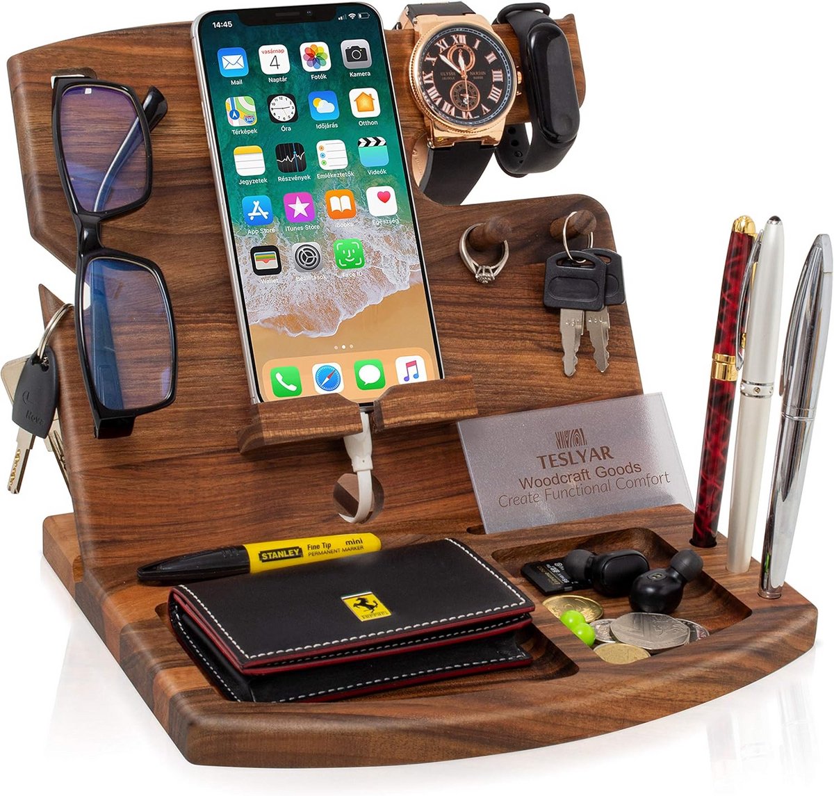 Houten Telefoon Docking Station met Sleutelhangers en Wallet Organizer