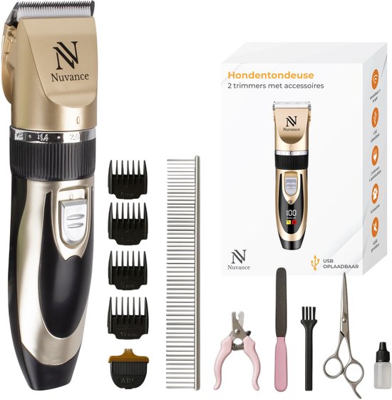 Nuvance Hondentondeuse Set met 6 Opzetstukken - Draadloze en Stille Tondeuse Hond voor Dikke Vacht - Honden Tondeuse - Zwart