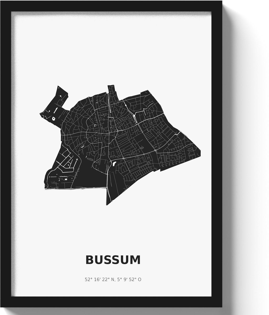 Poster Bussum A2 - 42 x 59,4 cm - Zwart/Wit Inclusief lijst (Zwart MDF)