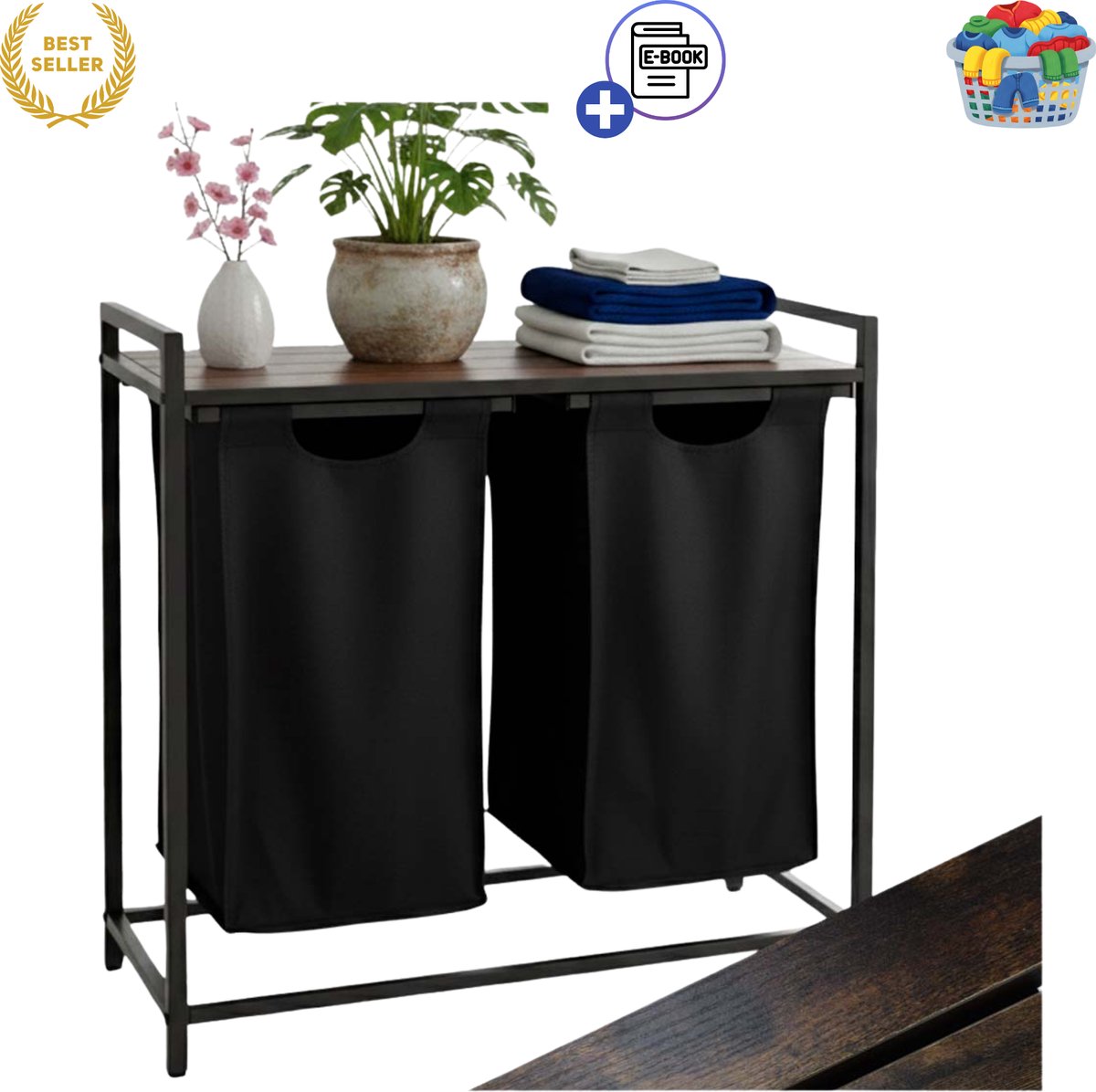 IKONKA Wasmand met Plank en 2 Vakken – Staande Wasmand 92L met Uittrekbare Waszakken, Stalen Frame met Houten Bovenblad, Industriële Wasverzamelaar voor Badkamer en Slaapkamer, Zwart met Eiken Look Met Ebook