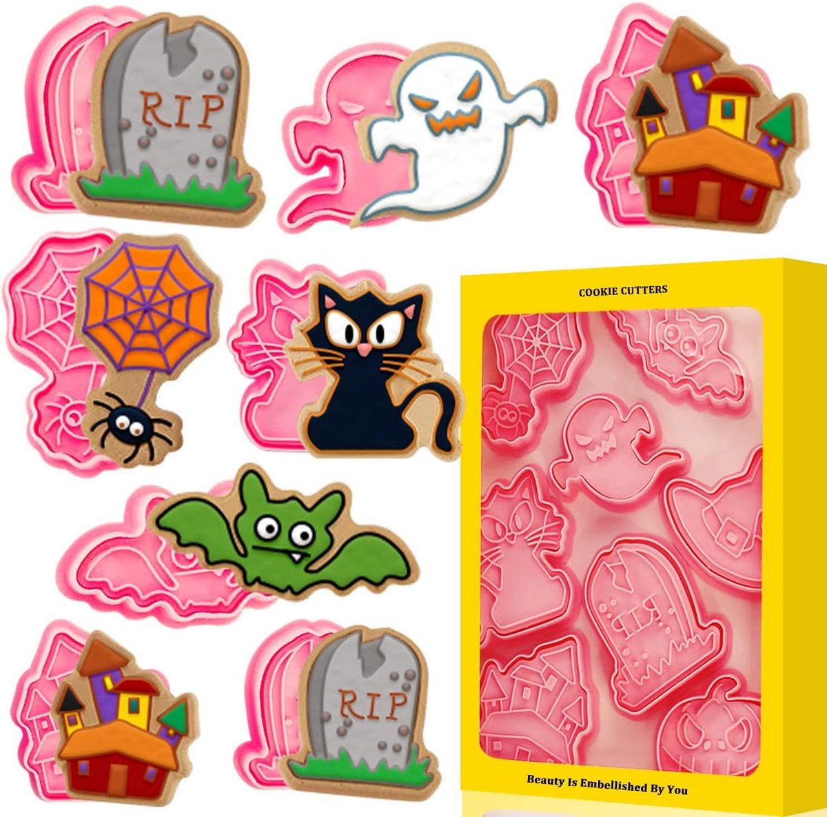 Halloween Koekjesvormpjes Set - 8 Stuks - Pompoen, Spinnenweb & Zwarte Kat Uitstekers