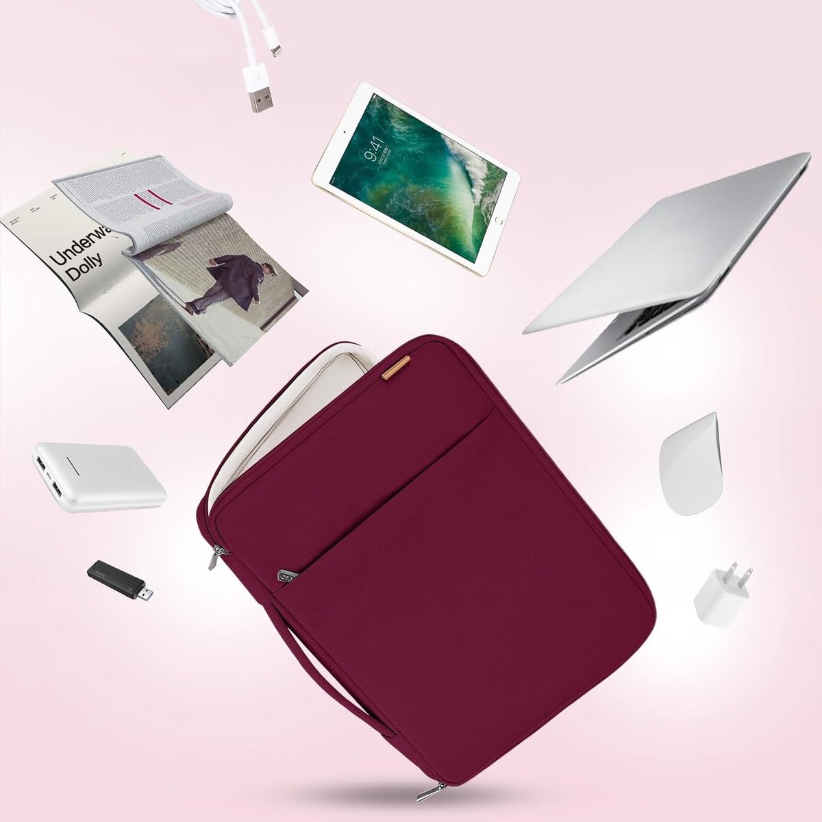 Image of Famanu - 14 inch waterdichte sleeve met extra accessoirevak, luxe wijnrode laptoptas met ritssluiting