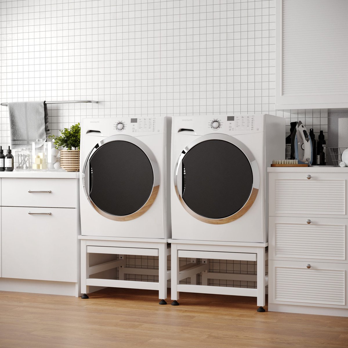 Wasophoogte® Wasmachine verhoger met uittrekbaar plateau - Dubbele wasmachine opbouwmeubel - Wasmachine sokkel - 42cm hoog - Wit - Universeel - 65*60,5 (LxB) - Inclusief wandbeugels thumbnail 2