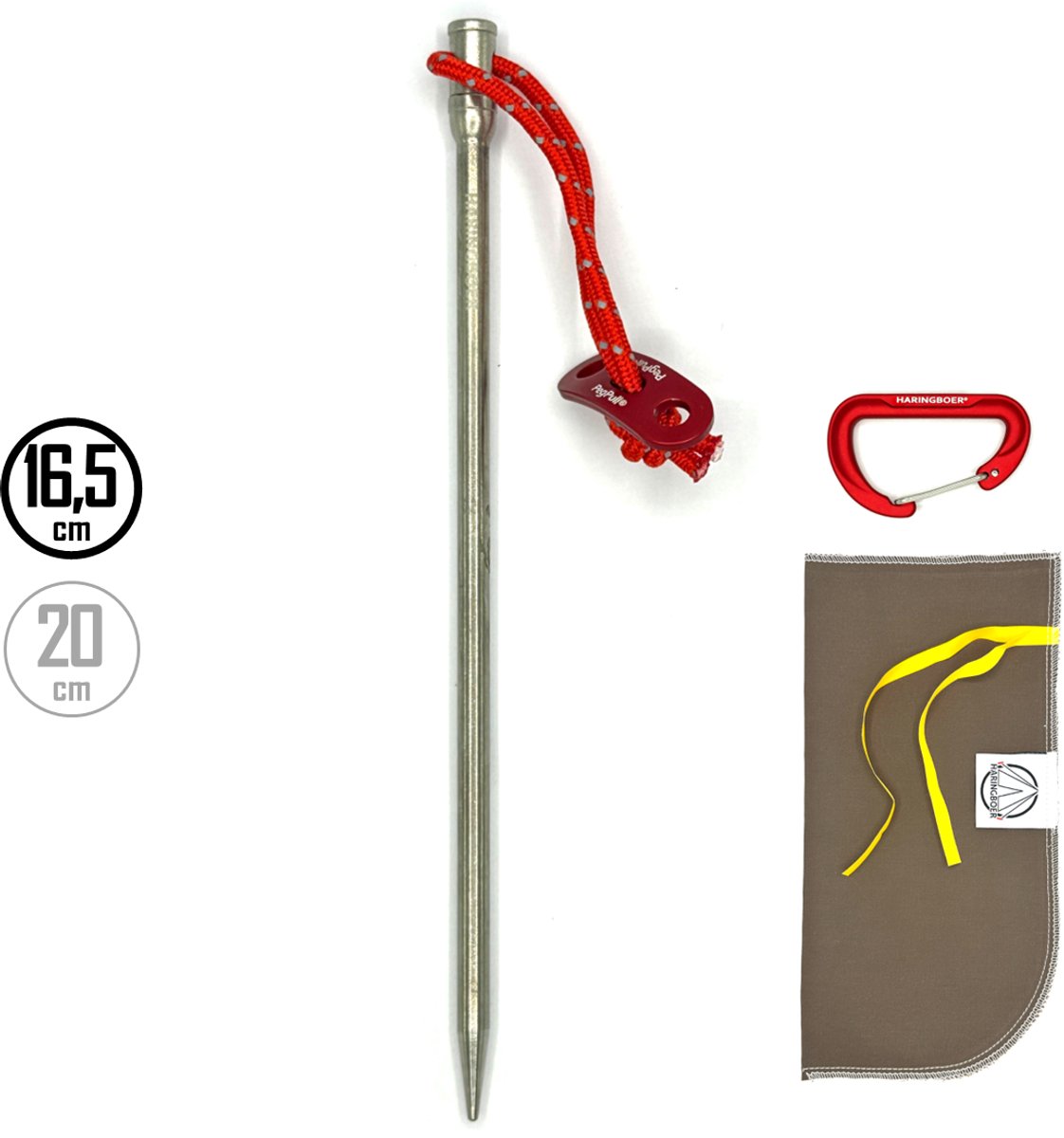 Tentharingen Titanium 16,5 cm - 8x Rotspennen voor Tent met PegPull® - Incl Haringzak & Carabiner - Haringboer®