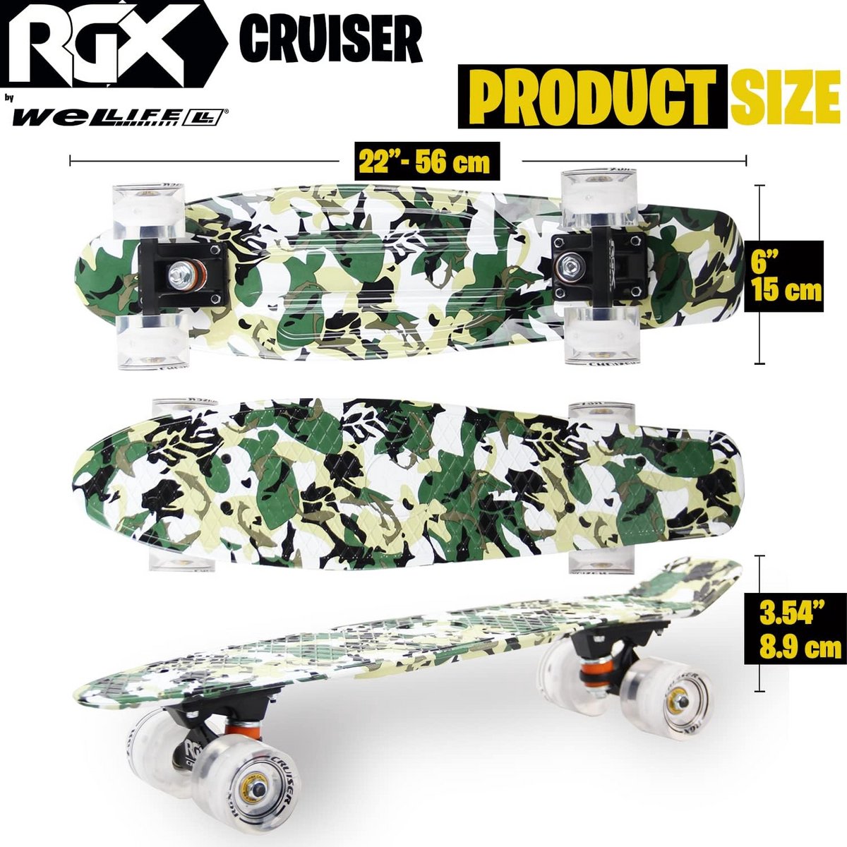 Mini Cruiser Skateboard 22 inch voor Kinderen en Volwassenen met LED Wielen Wit