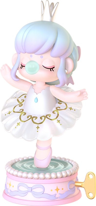 Danseresfiguur in wit tutu, staand op een draaiplateau met parels en strik.
