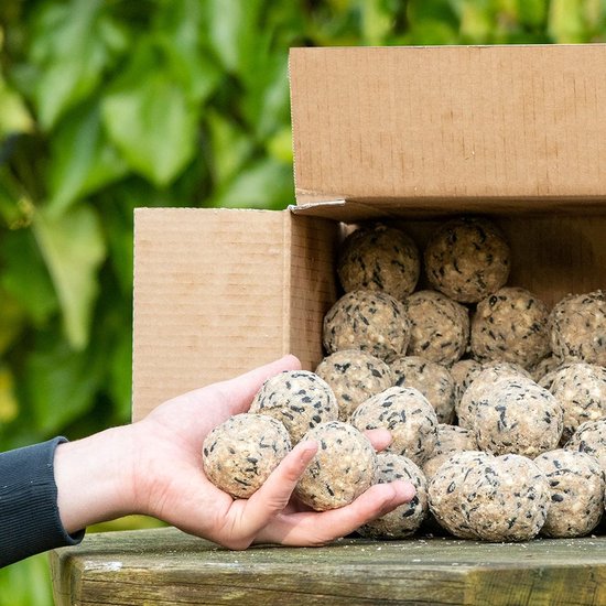 Hand pakt vogelvetbollen uit een kartonnen doos.