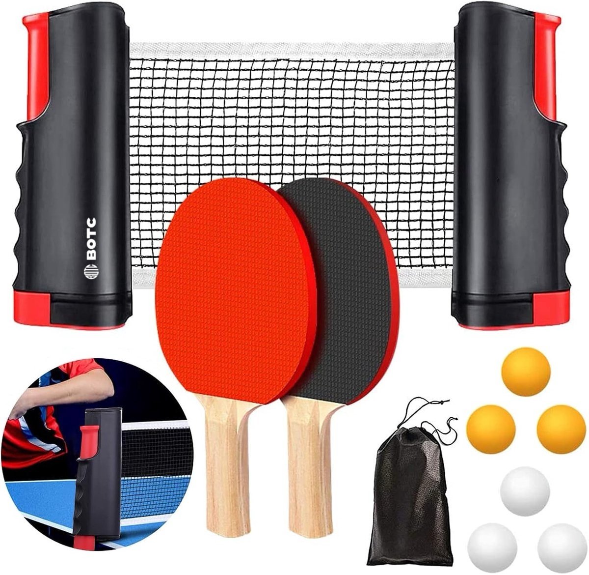 BOTC Tafeltennis Set - 2 Tafeltennisbatjes - 6 Pingpongballen - 1 Tafeltennisnet Uitschuifbaar - Zwart — afbeelding 11