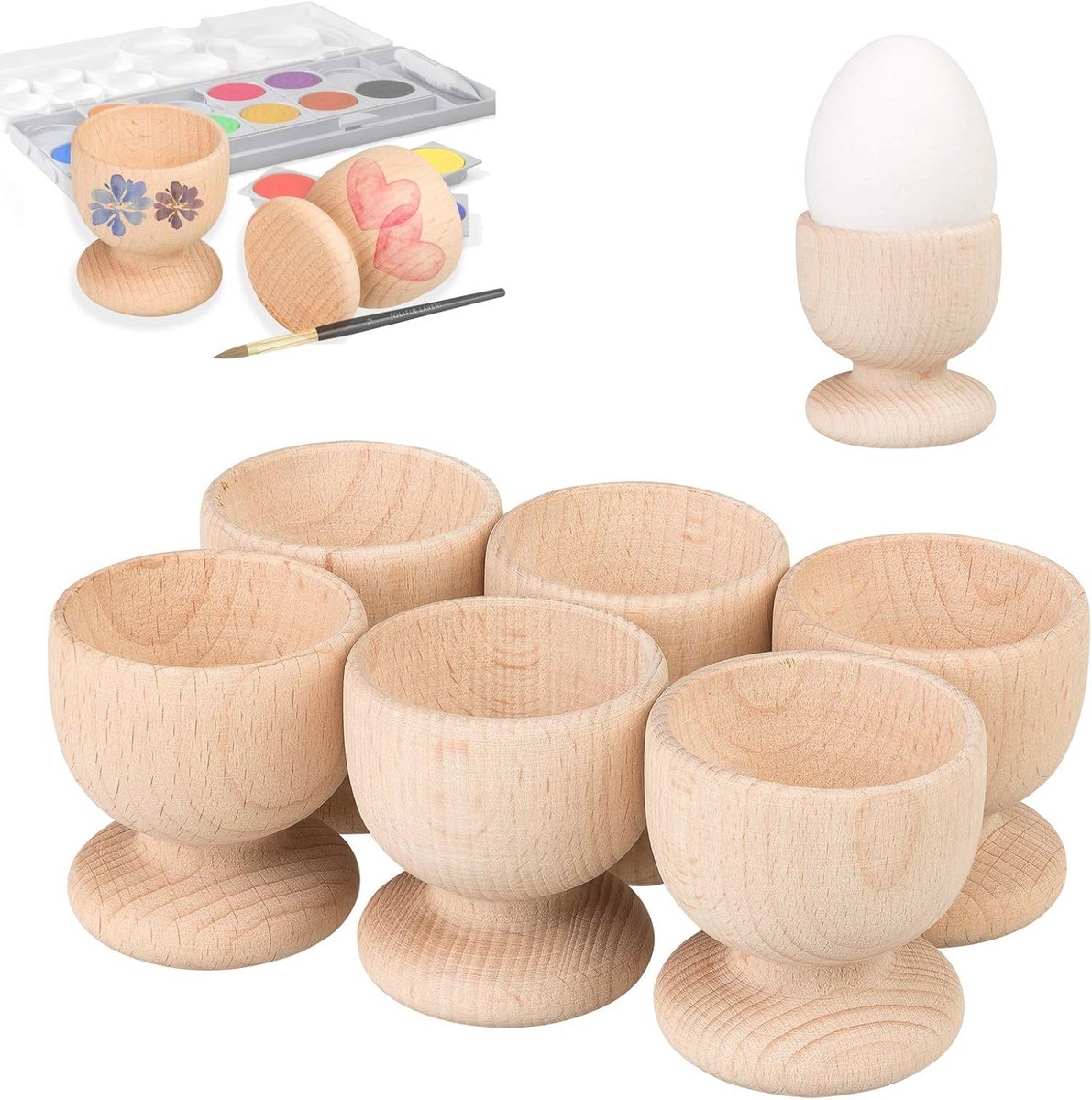Set van 6 eierdopjes om te beschilderen van naturel hout voor Pasen en knutselen