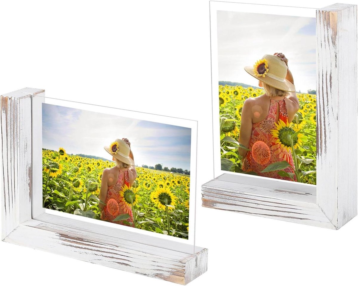 Set van 2 fotolijsten voor portretfoto's - Houten retro fotolijst L-basis - Elegant design - 10 x 15 cm - Verticale en horizontale weergave - Thuis en op kantoor - Antiek wit