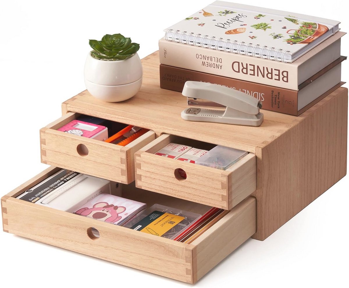 Bureau-organizer van hout met 3 laden - Natuurlijke opslagoplossing voor kantoor en huis