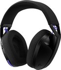 Zwarte Logitech G gaming headset met paarse details en stoffen hoofdband, geïsoleerd op wit.