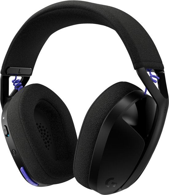 Zwarte Logitech G gaming headset met paarse details en stoffen hoofdband, geïsoleerd op wit.
