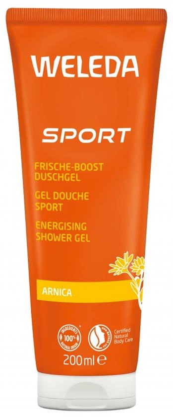 Oranje tube Weleda Sport Douchegel met de tekst 'Frische-Kick-Duschgel' en Arnica illustratie.