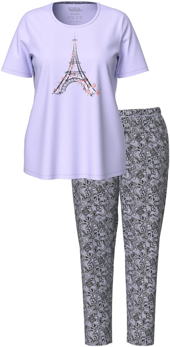 Ulla Popken Dames - Pyjama Eiffeltoren siersteentjes ronde hals korte mouwen - Zachtlavendel - Maat 42+