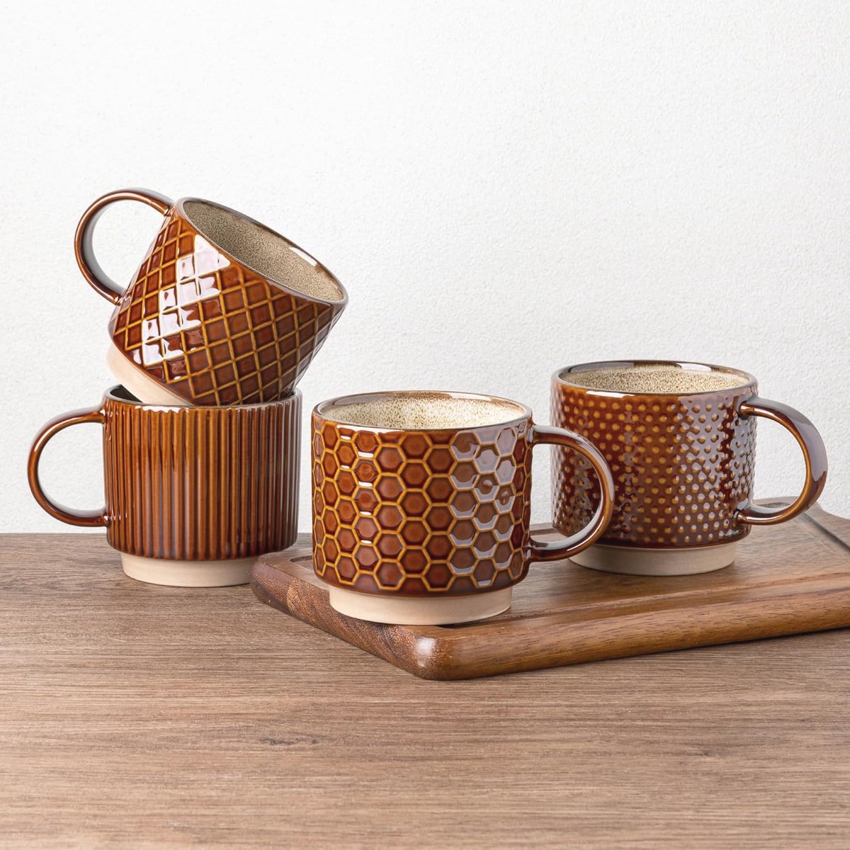 Stapelbare keramische koffiekopjes set van 4 - 480 ml - Vaatwasser- en magnetronbestendig - Perfect voor latte en cappuccino