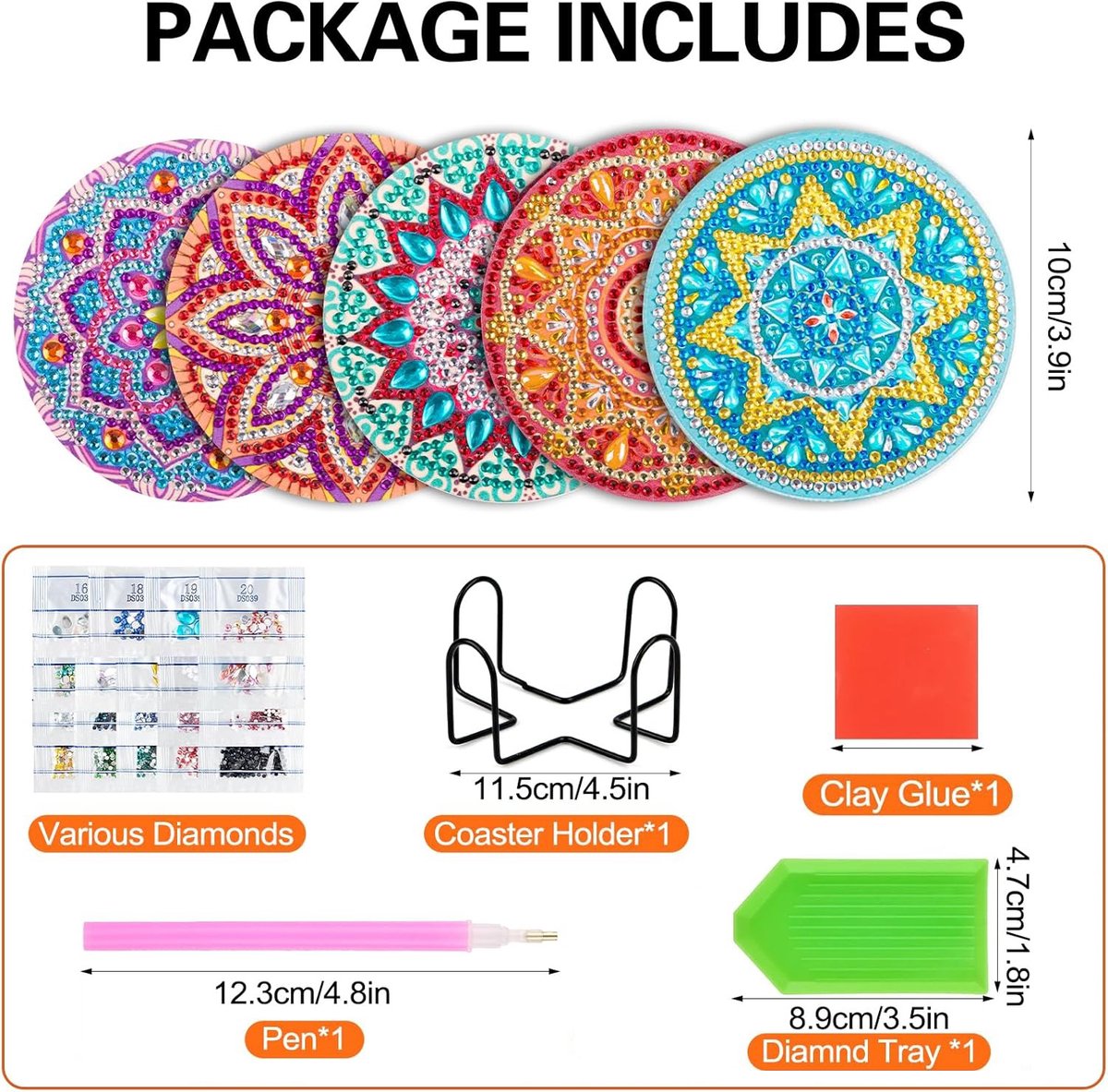 10-pack Diamond Painting-onderzetters (met standaard), Diamond Cup-onderzetters, Diamond Painting-knutsels voor volwassenen, DIY Mandala-onderzetters, antislip, Houten Kork Basis, Creatief Knutselpakket voor Kinderen & Volwassenen — afbeelding 6
