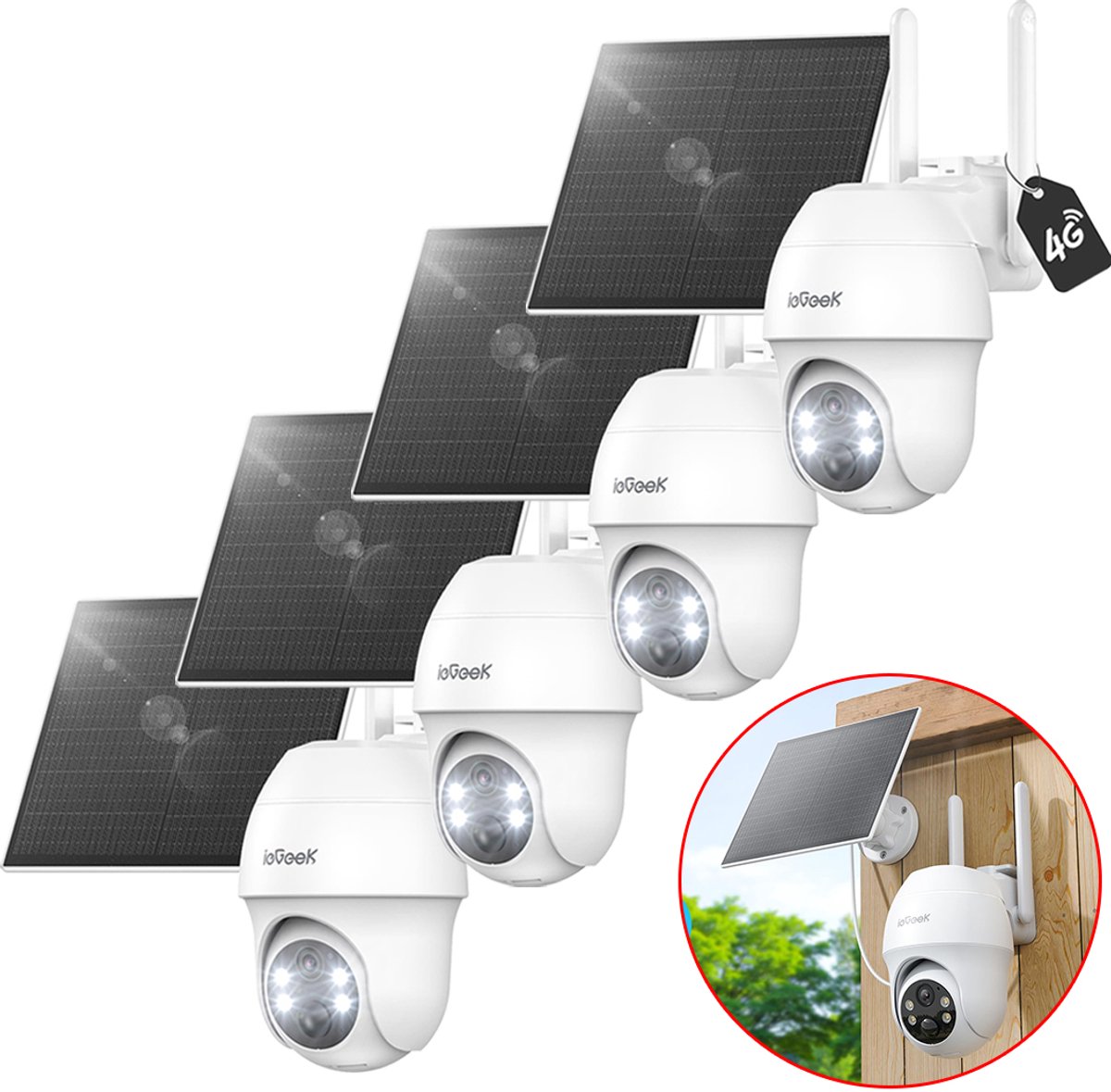 4G LTE Bewakingscamera - Solar Buiten met SIM-kaart – 2K Ultra HD, Nachtzicht, Bewegingsdetectie, IP65, 360° Draaibaar – Geen WiFi Nodig - kleuren nachtzicht - bewegingsdetectie - Incl. Zonnepaneel – Voor Tuin, Erf & Bedrijf - 4 stuks