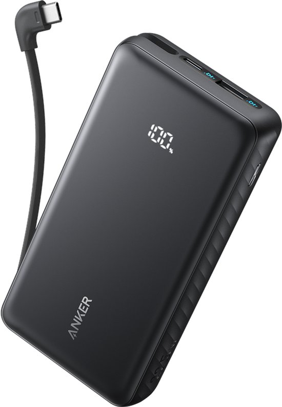 Een zwarte Anker powerbank met een digitale display en een omhoog wijzende USB-C kabel.