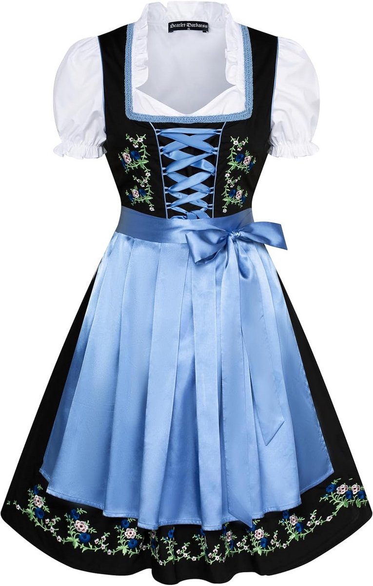 Dames Dirndl Jurk Oktoberfest Outfit 3-delig Zwart met Lichtblauw Schort