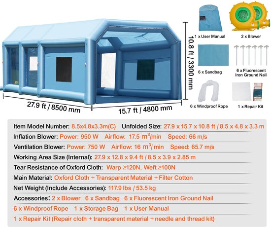 Opblaasbare Spuitcabine, 8,5 X 4,8 X 3,3 m met Dubbele Ventilatoren en Luchtfiltersysteem, Draagbare Spuitoplossing voor Kleine Vrachtwagens, Grote Motoren en Middelgrote Voertuigen van Merkloos — afbeelding 5