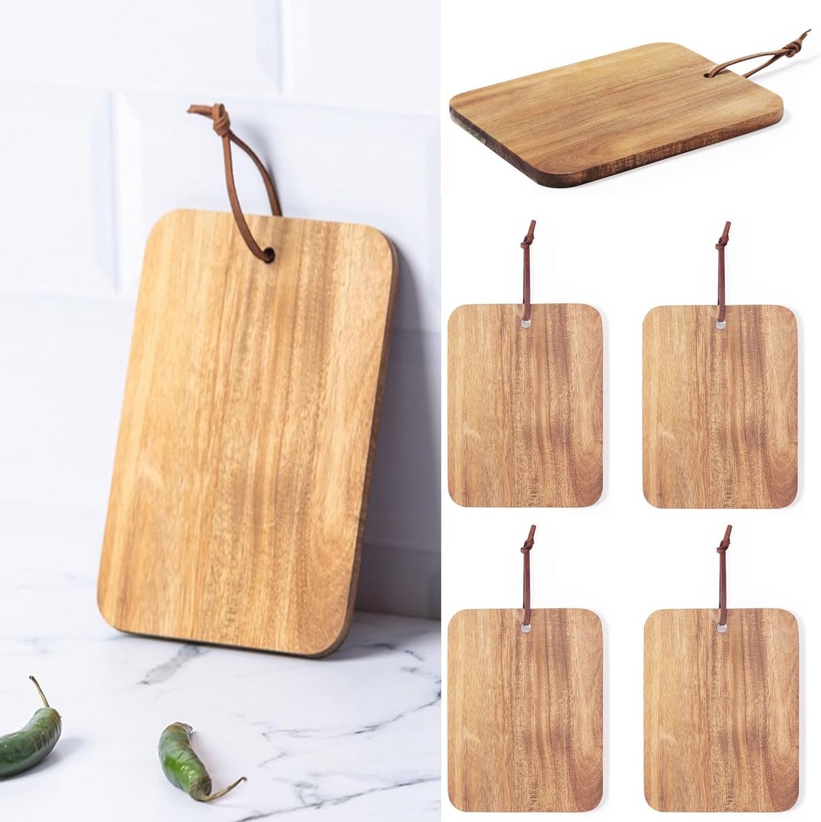 Snijplank hout - set van 6 stuks - met ophanghaakje - snijplank hout splintervrij