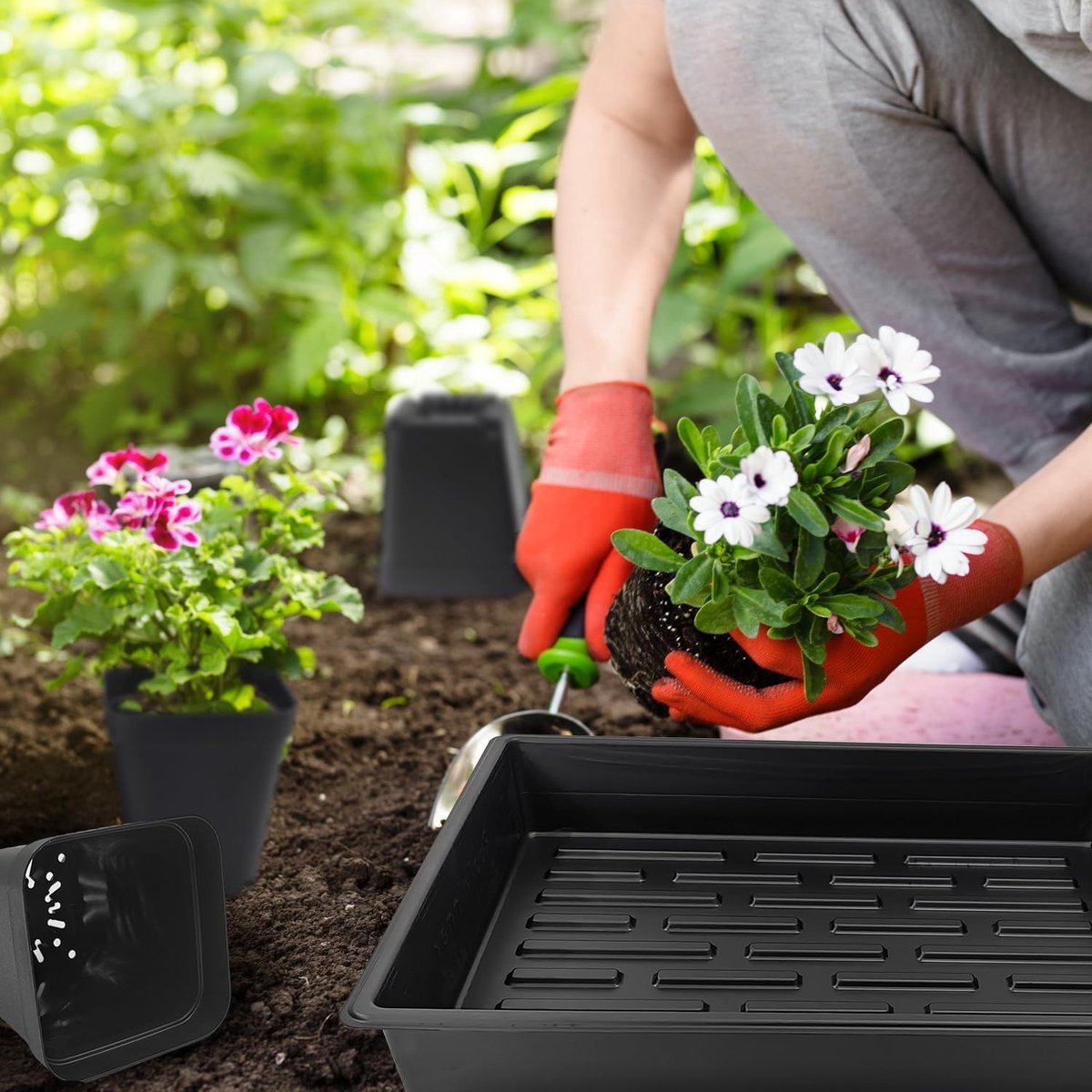 Stunq® kunststof plantbak voor planten, plantbak zonder bodemgaten, 37,5 x 28cm kweekbak 5 stuks plus 9cm kunststof vierkante kweekpotten plantenpotten voor planten 60 stuks, zwart