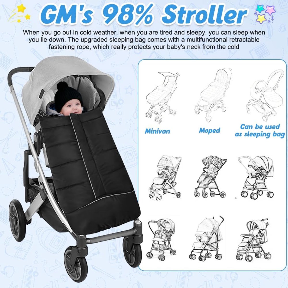 Universele Winter Voetenzak Voor Kinderwagen Met Rits Trekkoord En Capuchon Waterdicht Winddicht En Verwarmd Voor Baby En Peuter Babydrager En Buggy Zwart – foto 2