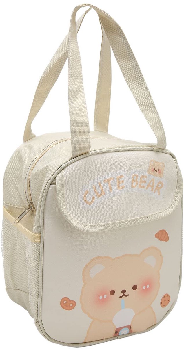 Schattige lunchtassen, dikke kawaii lunchtas met grote capaciteit, cartoonpatroon en handvat voor op kantoor (beige melktheebeer)