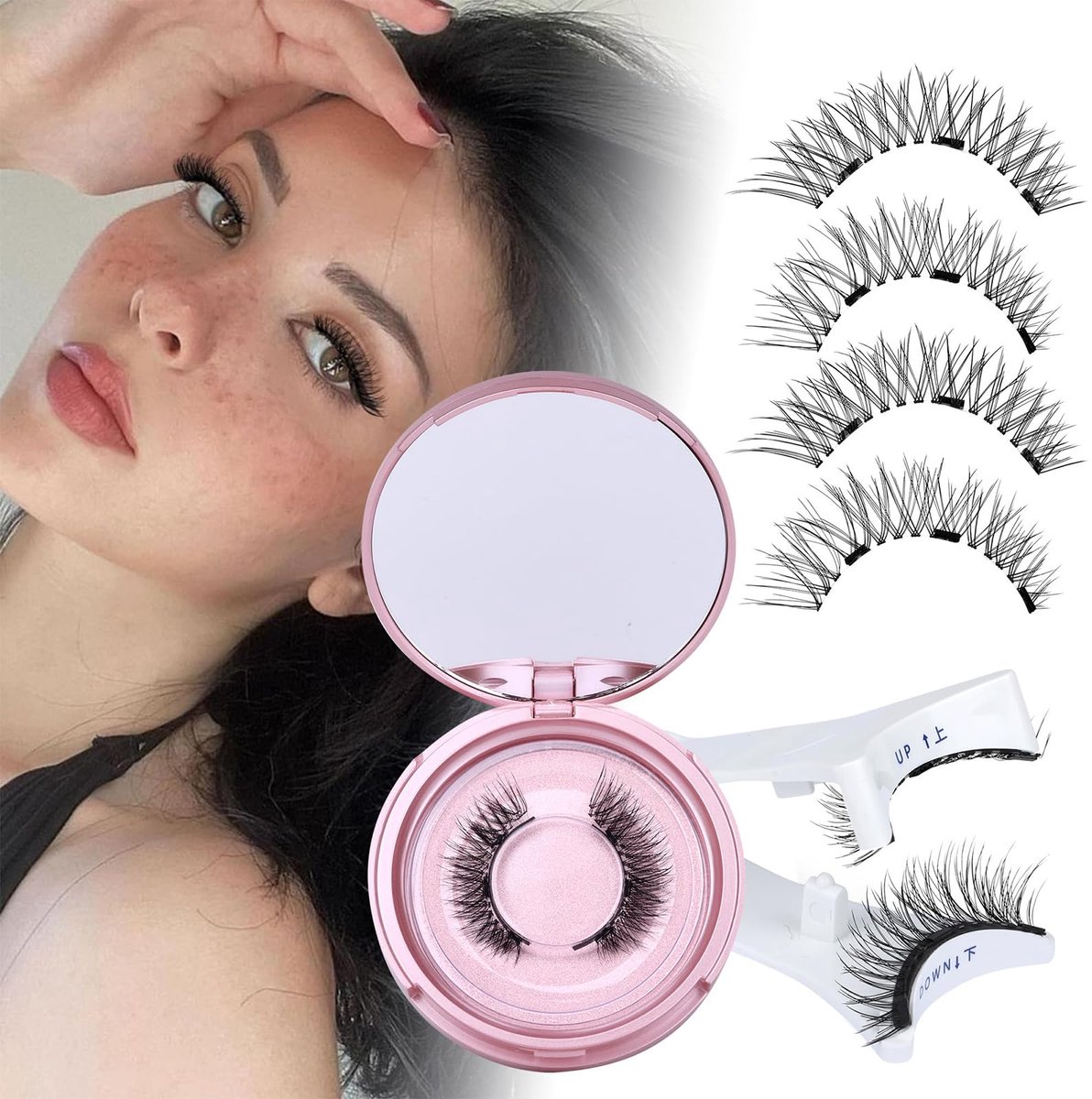 paar magnetische wimpers, natuurlijke look, magnetische wimpers met applicator, kattenoog zonder lijm, magnetische wimpers zonder eyeliner, doorzichtige band valse wimpers