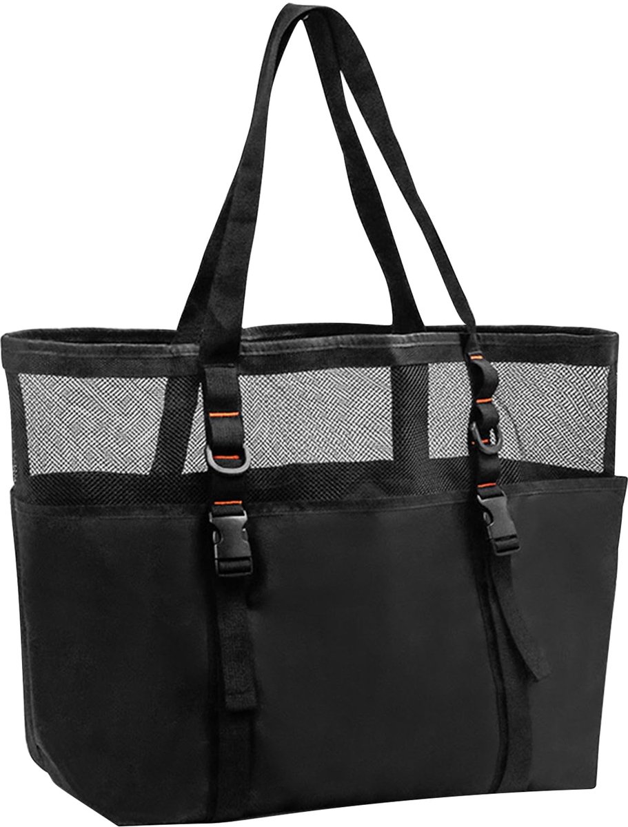 Familie strandtas, 40 L, ademend mesh met 6 zijvakken, opvouwbaar en ultralicht (0,35 kg), voor strand/zwembad/reizen, zwart, veelkleurig, veelkleurig
