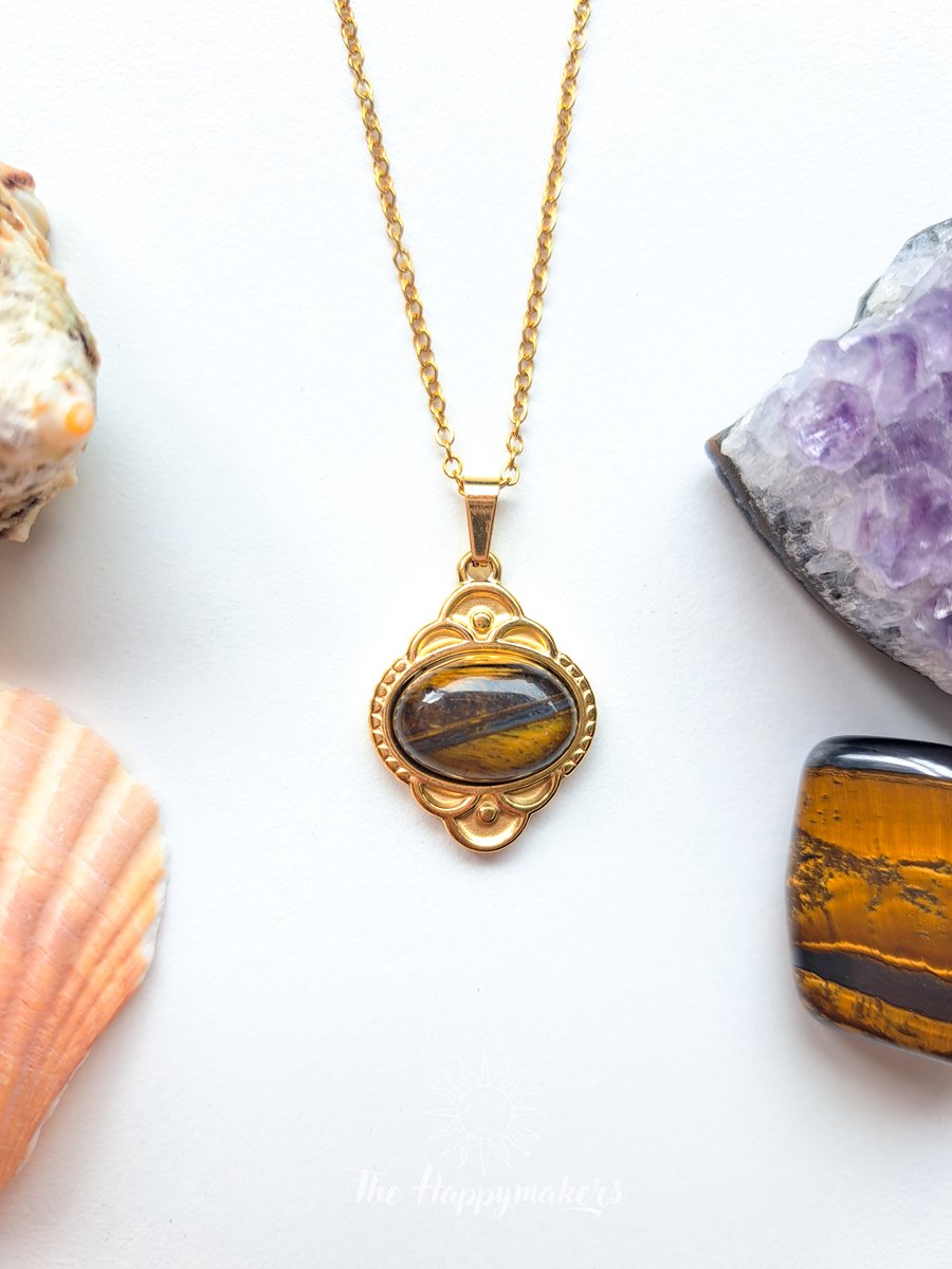 Edelsteen ketting bedel, tijgeroog, waterproof, boho, stainless steel, handgemaakt, cadeau met betekenis, zelfvertrouwen