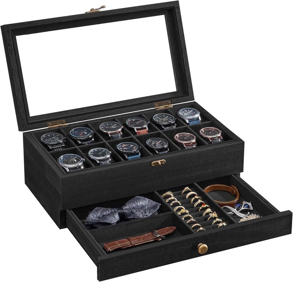 Horlogedoos met 12 vakken, horlogedoos van massief hout, met glazen deksel, kussen voor horloges, sieradenopslag, cadeau voor je dierbaren, inktzwart