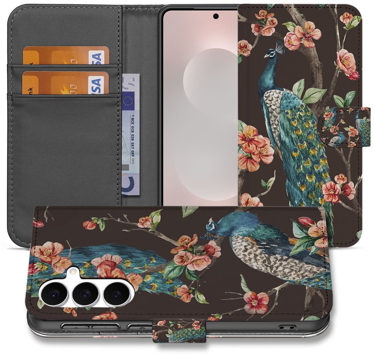 Samsung Galaxy S25 FE Bookcase Hoesje Met Pasjes Pauw Bloemen Print