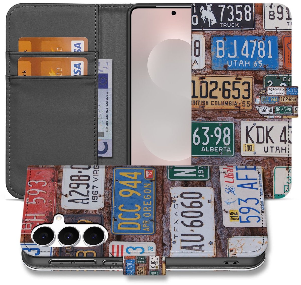 Samsung Galaxy S25 FE Boekhoesje Kentekenplaten Collage Met 3 Pasjes