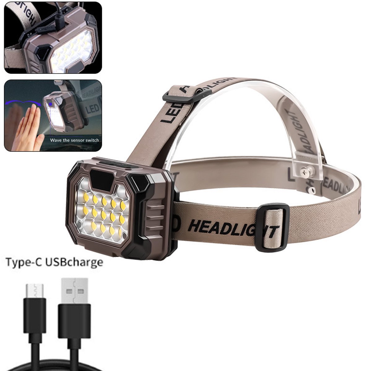 LED-hoofdlamp, voorhoofd met 5 lichtmodi, 600 lumen. USB C-oplaadbaar, waterdichte ultralichte hoofdlamp, voorlamp, gereedschap voor elektriciens, cadeau, zaklamp voor nachtwerk, bruin