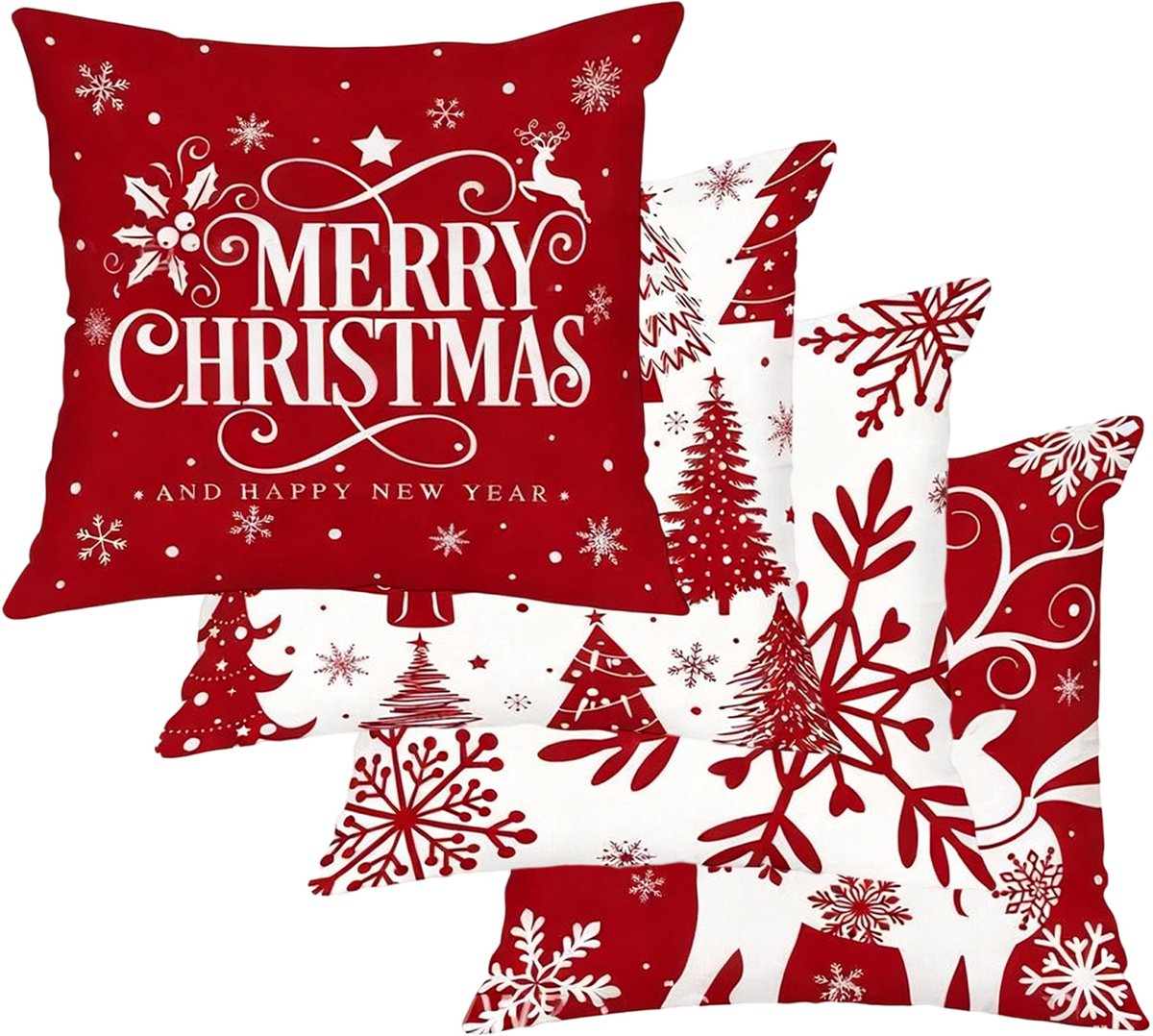 Kerstkussenhoezen - Set van 4, 45 x 45 cm - Dubbelzijdig korte pluche, kerstkussens met sneeuwvlokmotief - Voor beddengoed, banken en kerstdecoratie - Rood en wit