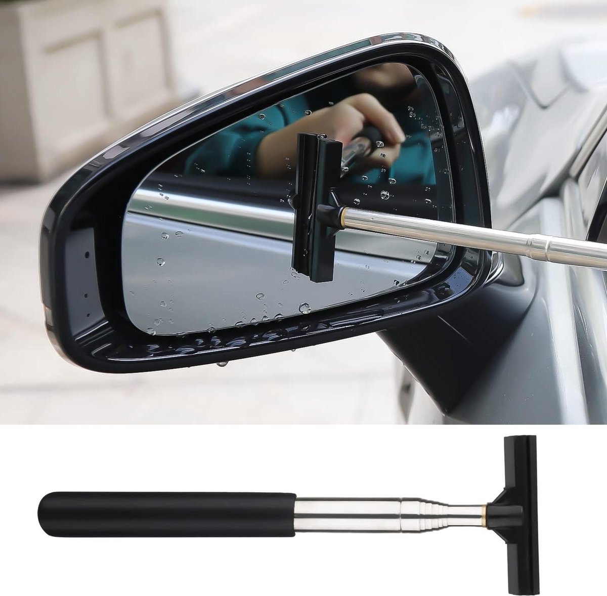 Achteruitkijkspiegel wisser met telescopische lange staaf - automatische reiniger voor spiegelglas - regenwatermist verwijderaar - 86 cm lengte - verstelbaar (Zwart)