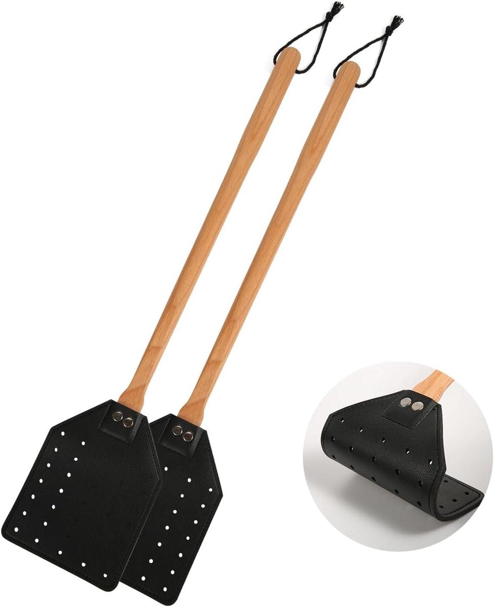 Lederen Vliegenmepper Set van 2 - Handmatig met Lang Houten Handvat - Duurzaam - Binnen Buiten Thuis Vliegenbestrijding