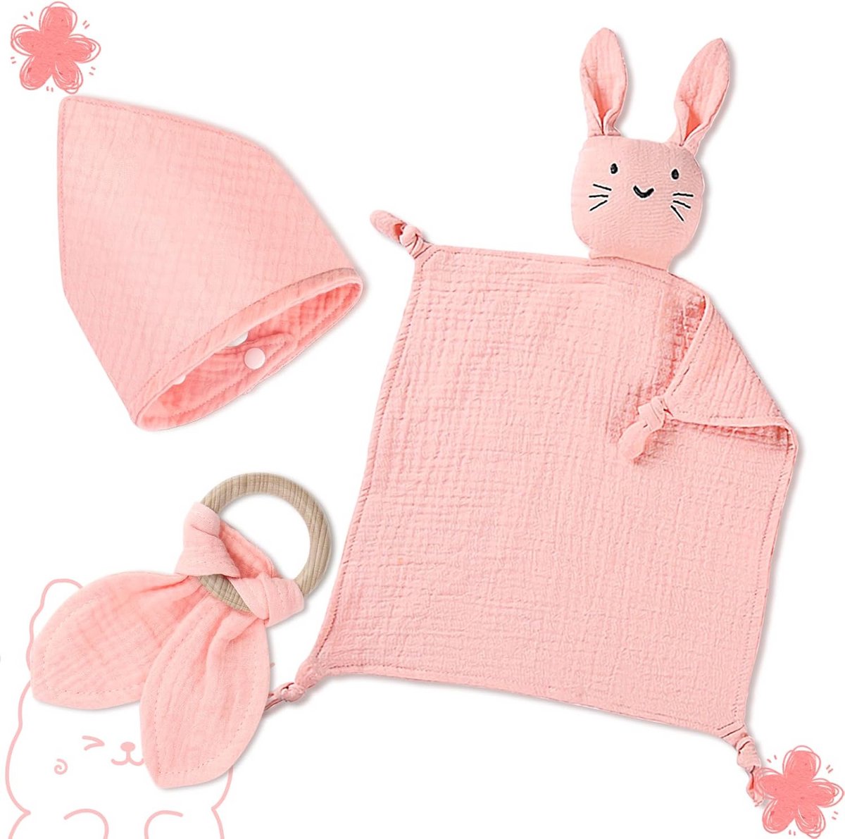 Babyshower Cadeauset 3-Delig voor Jongen en Meisje: Knuffeldoek, Houten Boterham Speen en Slab met Konijn