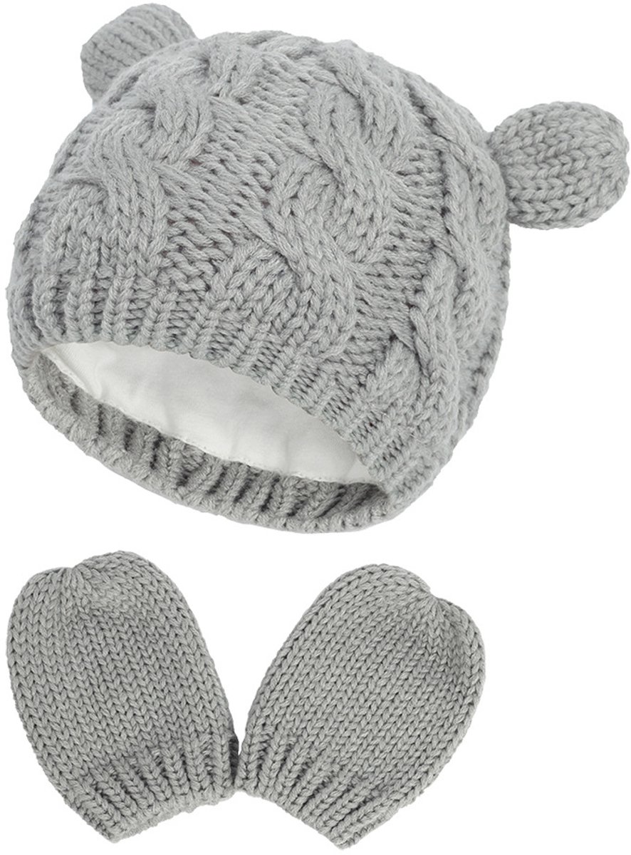 Baby Muts en Wanten - Grijs - Beertje - Kinder Muts met Katoenen Voering - 3-6 maanden (Maat M) - Kindermuts - Wanten - Winter