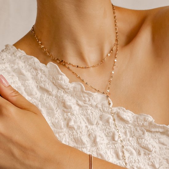 Collier Hey Happiness à maillons plats superposés en forme de Y pour femme, en acier inoxydable plaqué or rose – Longueur ajustable de 41 à 46 cm + pendentif en Y de 10,5 cm – Or rose