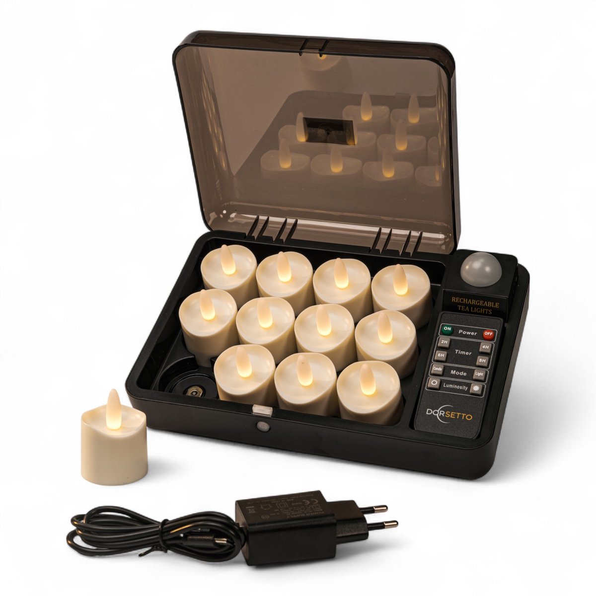 DORSETTO Oplaadbare Waxinelichtjes – 12 Stuks – tot 400 Uur Brandduur – Met Afstandsbediening – Waterdicht – Horeca – Kaarsvet Look
