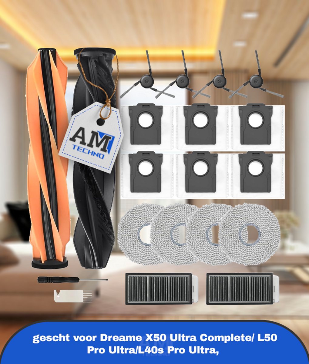 Accessoires Geschikt voor Dreame X50 Ultra Complete/ L50 Pro Ultra/L40s Pro Ultra, 2 x hoofdrolborstel, 6 x stofzak, 4 x zijborstels, 2 x filter, 4 x dweildoeken