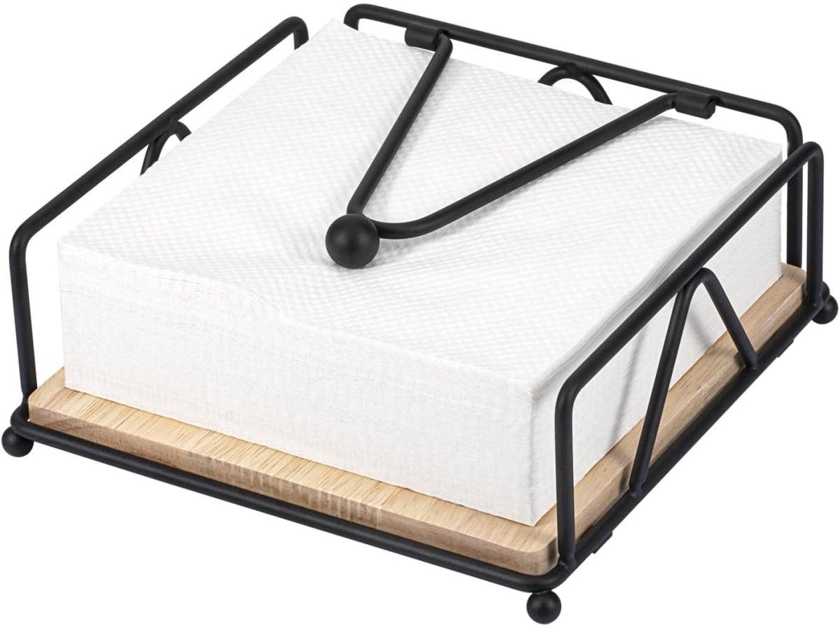 Zwarte servethouder - Servetdispenser - Servethouder - Met houten voet en ijzeren frame - Uitgerust met verzwaarde spanarm - Geschikt voor het opbergen van servetten, briefjes en rekeningen