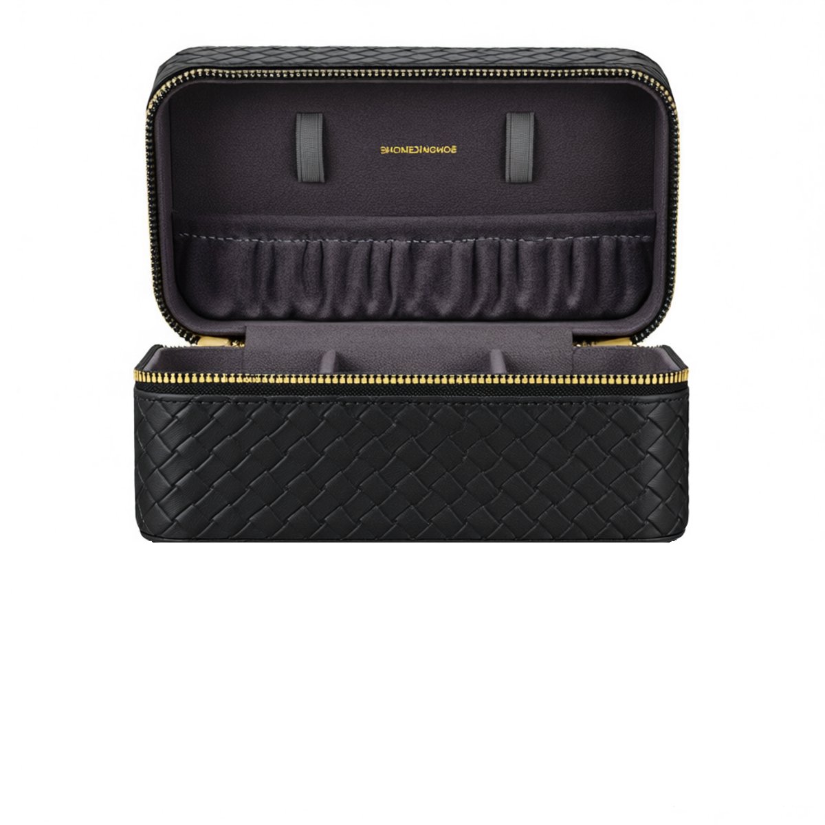 3-vaks horlogereisset 10×20×9 cm zwart+grijs geweven reliëf PU-leer + imitatiesuède voering, veiligheidsrits, volledige bescherming, geschikt voor het meenemen van drie horloges tijdens reizen