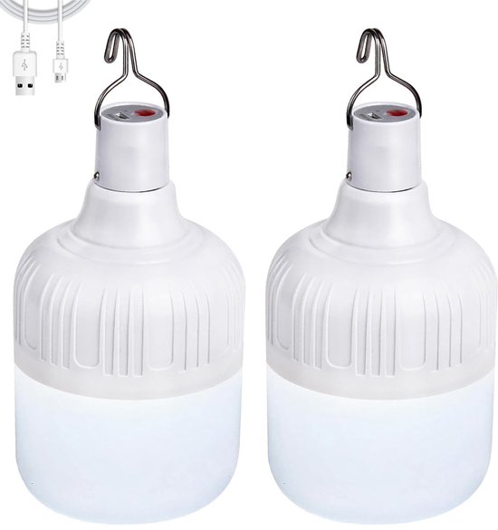 Twee witte LED noodlampen met metalen haak en USB-poort.