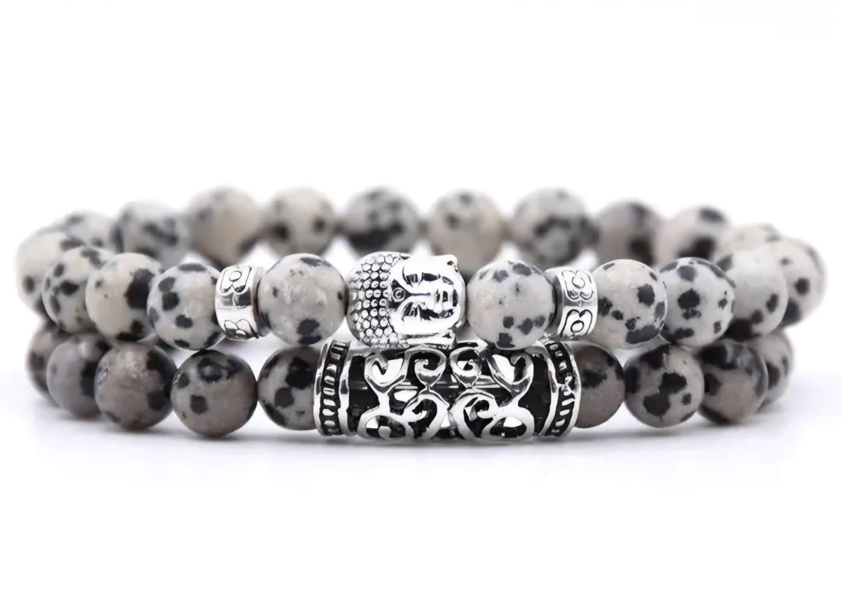 S4H Dalmatiër Jaspis Armband – 2-delige Set – Natuurlijke Edelsteen voor Bescherming & Positiviteit – Buddha Armband – Handgemaakt Unisex Sieraad