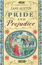 Boek 'Pride and Prejudice' van Jane Austen, met een illustratie van een man te paard en een vrouw in een rode jurk.